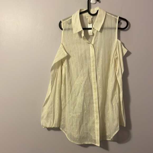Chico’s Cream with Metallic Gold Stripe Cold Shoulder Long Sleeve Button Blouse - Picture 1 of 16